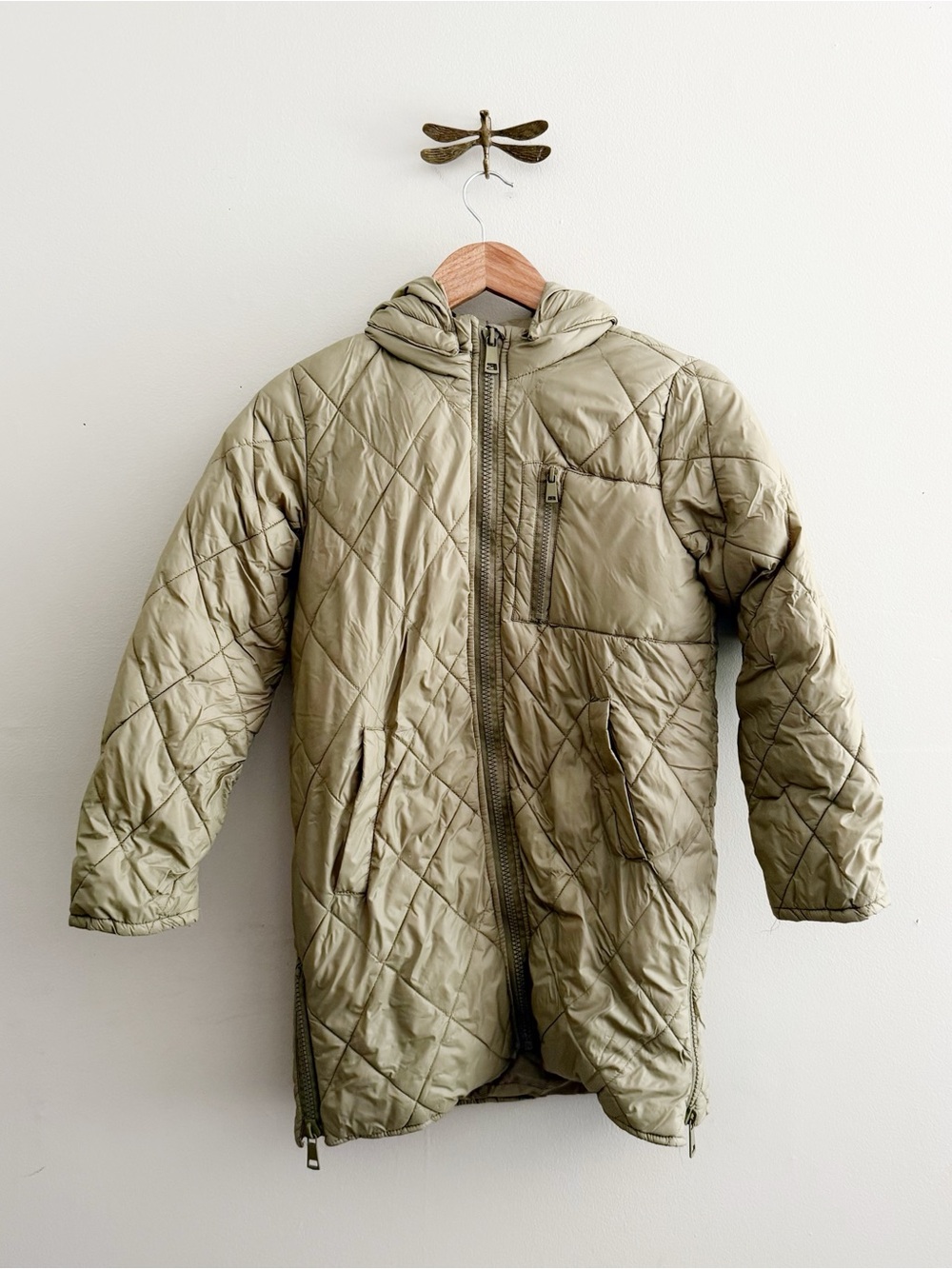 H&M Olive Green Quilted Long Zip Up Hooded Coat kids 14 years